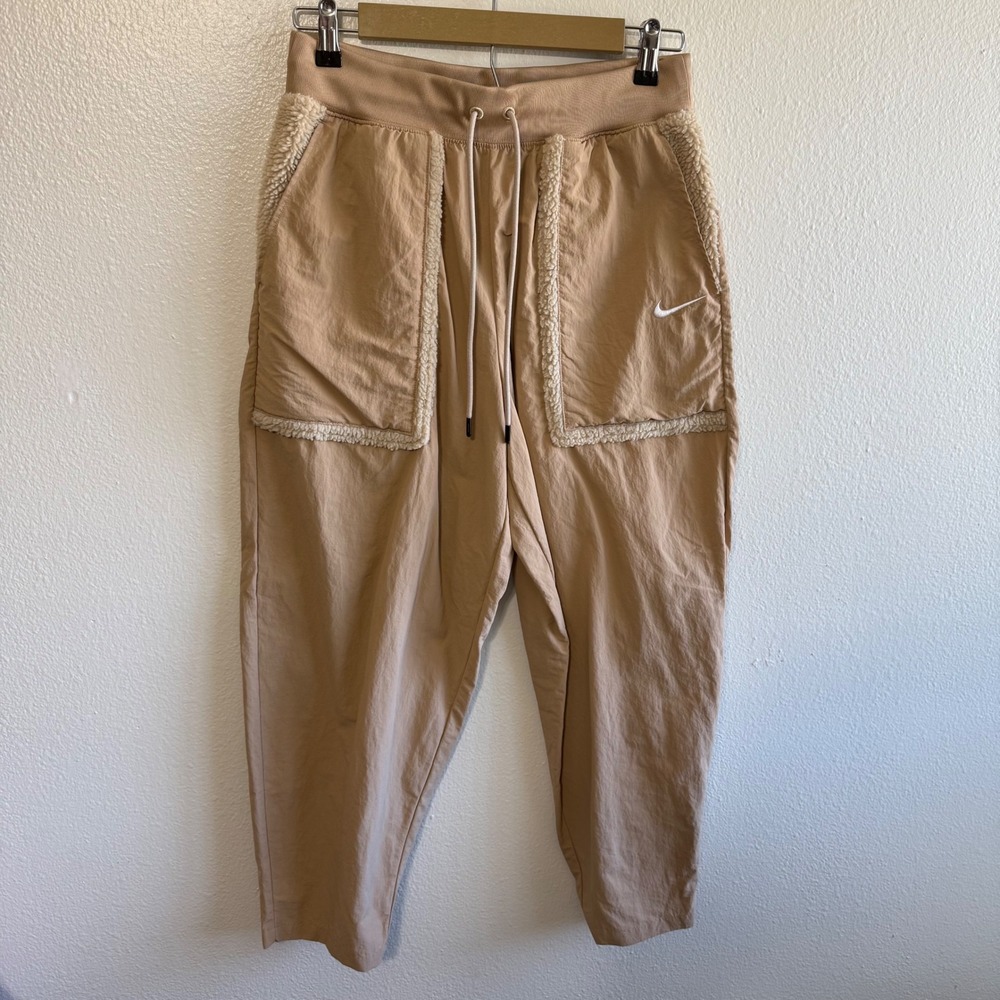 Nike Women's Medium Tan Essential Woven High Rise Curve Nylon Sherpa Joggers